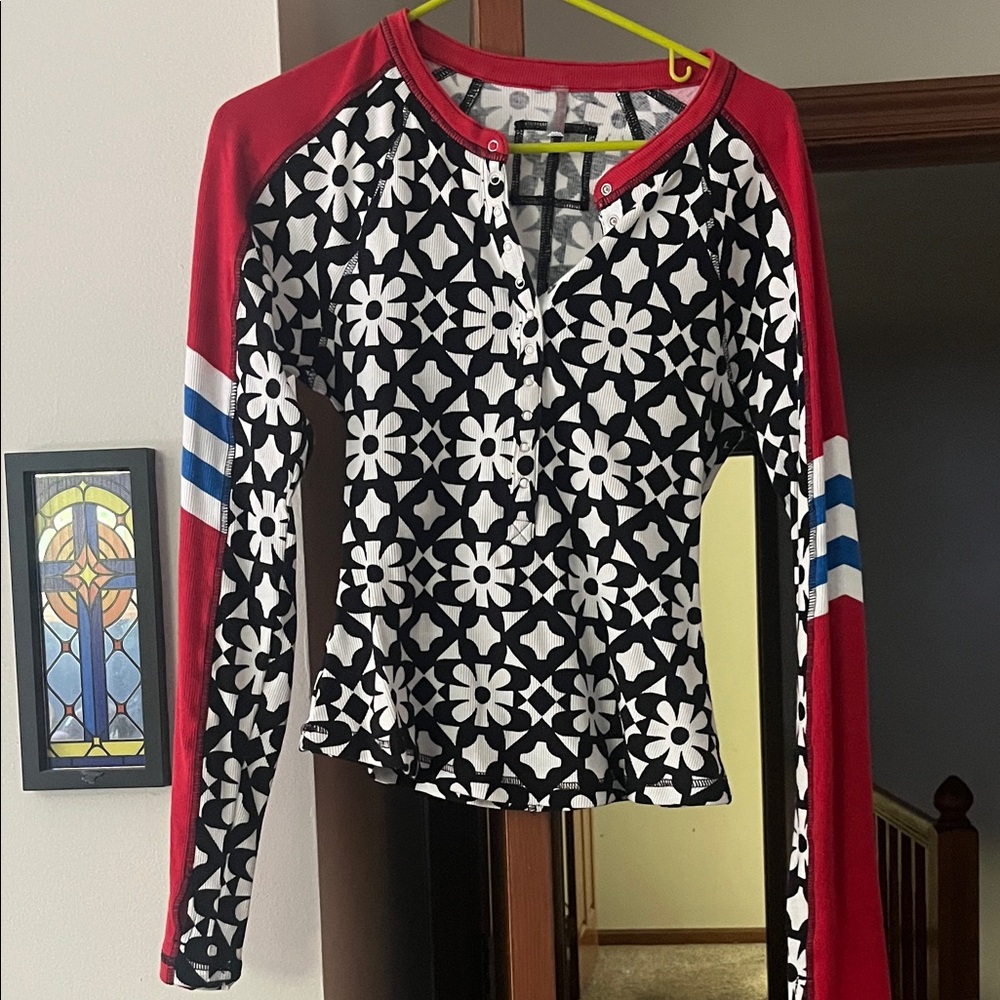 Free Movement Black and White Floral Button Down Shirt with Red Sleeves